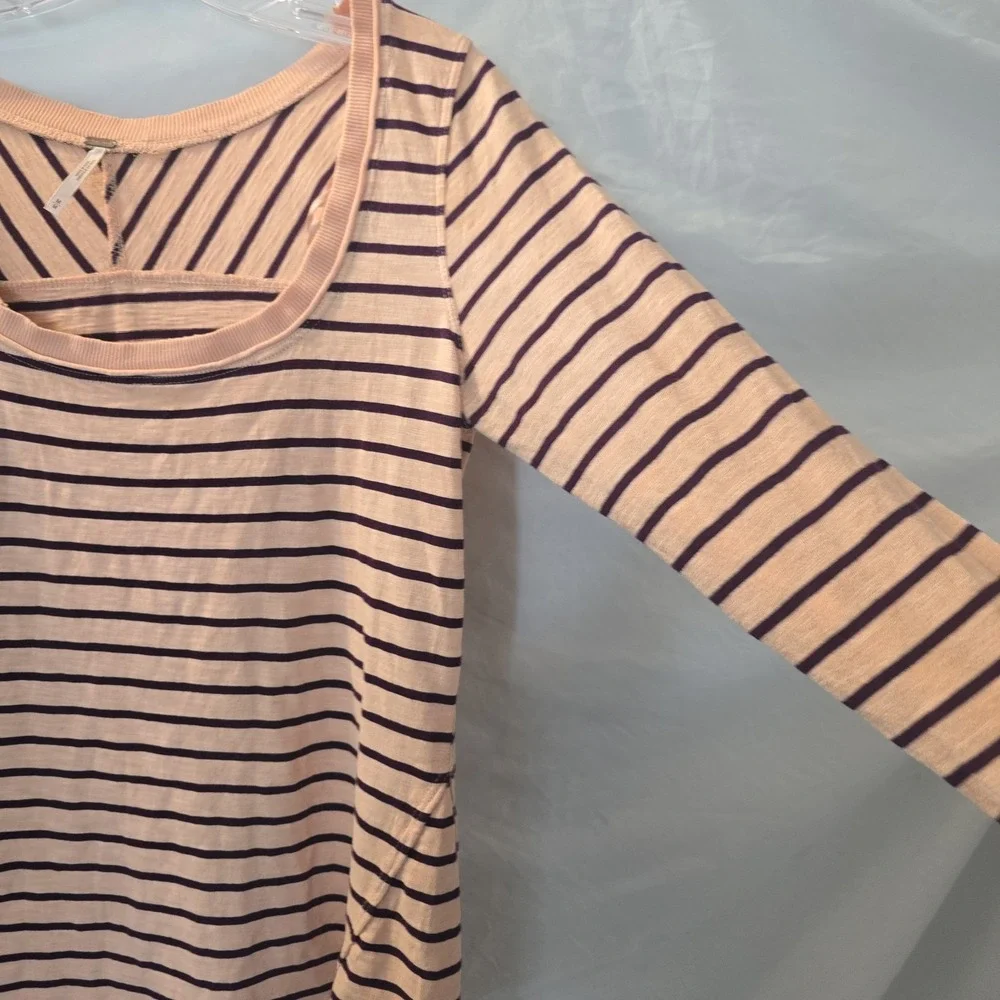 Free People Striped Long Sleeve Top Lace Crochet Sleeve Detail Size M Pink Boho